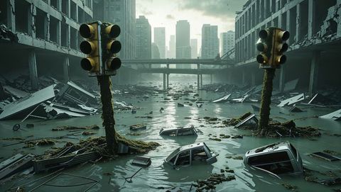 Post-Apocalyptic Urban Flood with Submerged Cars and Traffic Signals