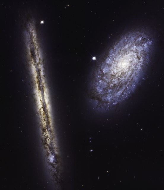 In celebration of the 27th anniversary of the launch of NASA's Hubble Space Telescope on April 24, 1990, astronomers used the legendary telescope to take a portrait of a stunning pair of spiral galaxies. This starry pair offers a glimpse of what our Milky Way galaxy would look like to an outside observer.  The edge-on galaxy is called NGC 4302, and the tilted galaxy is NGC 4298. These galaxies look quite different because we see them angled at different positions on the sky. They are actually very similar in terms of their structure and contents.  From our view on Earth, researchers report an inclination of 90 degrees for NGC 4302, which is exactly edge on. NGC 4298 is tilted 70 degrees.  In NGC 4298, the telltale, pinwheel-like structure is visible, but it's not as prominent as in some other spiral galaxies. In the edge-on NGC 4302, dust in the disk is silhouetted against rich lanes of stars. Absorption by dust makes the galaxy appear darker and redder than its companion. A large blue patch appears to be a giant region of recent star formation.  Read more: <a href="https://go.nasa.gov/2pGyA4o" rel="nofollow">go.nasa.gov/2pGyA4o</a>  <b><a href="http://www.nasa.gov/audience/formedia/features/MP_Photo_Guidelines.html" rel="nofollow">NASA image use policy.</a></b>  <b><a href="http://www.nasa.gov/centers/goddard/home/index.html" rel="nofollow">NASA Goddard Space Flight Center</a></b> enables NASA’s mission through four scientific endeavors: Earth Science, Heliophysics, Solar System Exploration, and Astrophysics. Goddard plays a leading role in NASA’s accomplishments by contributing compelling scientific knowledge to advance the Agency’s mission.  <b>Follow us on <a href="http://twitter.com/NASAGoddardPix" rel="nofollow">Twitter</a></b>  <b>Like us on <a href="http://www.facebook.com/pages/Greenbelt-MD/NASA-Goddard/395013845897?ref=tsd" rel="nofollow">Facebook</a></b>  <b>Find us on <a href="http://instagrid.me/nasagoddard/?vm=grid" rel="nofollow">Instagram</a></b>    
