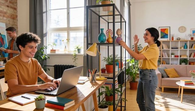 Young man typing on laptop while woman arranging plants in bright modern coworking loft