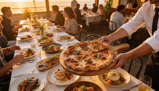 Serving wood-fired pepperoni basil pizza at sunset coastal dinner party on terrace