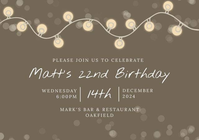 This image features an elegant birthday invitation with a rustic brown background adorned with warm fairy lights. Perfect for creating invitations for birthday celebrations, this design exudes a cozy and festive atmosphere. Ideal for both digital and print invitations, it sets a welcoming tone for party announcements or event promotions.