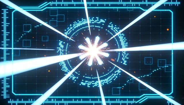 Pulsing energy core emitting six beams across futuristic hud with data rings and reticle