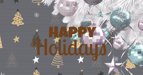 Festive holiday greeting with pastel baubles and pine branches