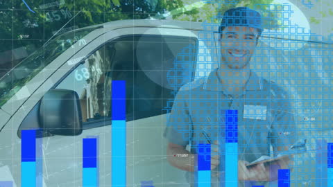 Delivery Man and Financial Data Analytics Interface Concept