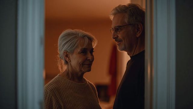 Senior couple embracing in doorway sharing quiet evening moment with warm amber lighting