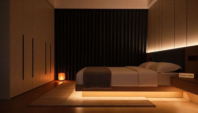 Floating platform bed glowing under warm ambient lighting in modern minimalist bedroom