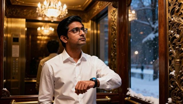 Young professional checking smartwatch in ornate gilded elevator with snowy urban city view