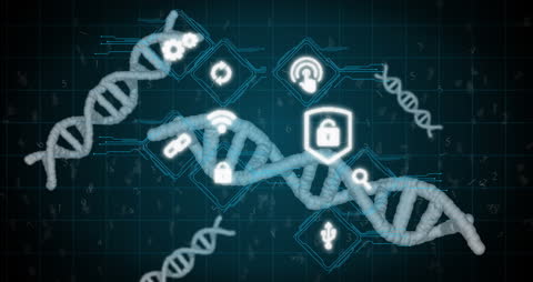 Digital DNA with Cybersecurity Icons and Moving Grid