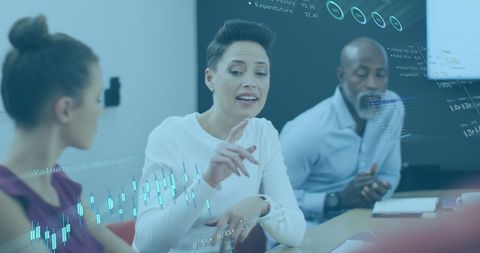 Confident Businesswoman Leading Financial Meeting with Data Visualization