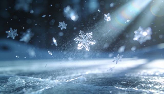 Macro crystal snowflake floating above frosted ice sheets with sun rays, lens flare, bokeh