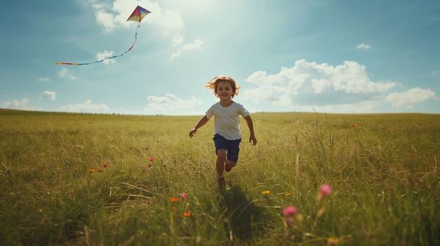 Boy running through wildflower meadow while flying colorful kite on sunny summer day