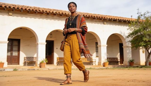 Walking woman wearing patterned shawl and mustard pants across sunlit arched courtyard