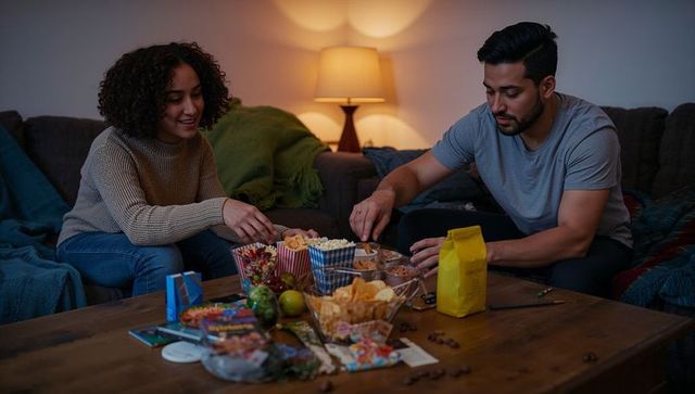 Couple sharing snacks on couch during cozy at-home movie night with warm lamp light
