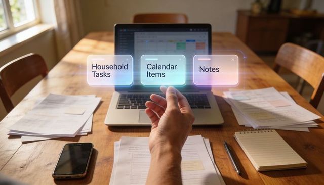Hand tapping hologram menu over laptop organizing calendar, notes and household tasks