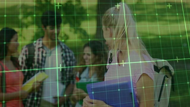 A group of diverse students stand together casually engaging while holding books, with digital data grid overlay suggesting technology integration in education. Scene illustrates fusion of everyday student life and modern data processing. Ideal for educational articles, descriptions of modern teaching methods, and analytics in education contexts.