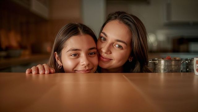 Mother and daughter peeking over wooden countertop leaning close in warm kitchen portrait