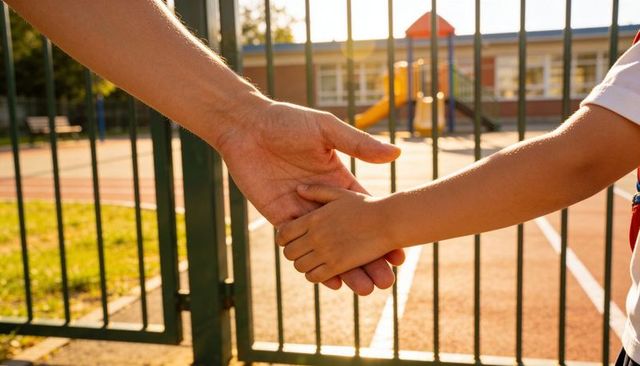 Holding hands walking through playground gate late afternoon caregiver guiding child