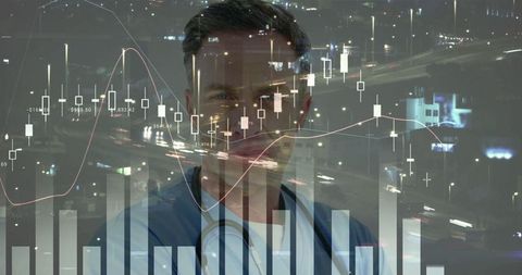 Doctor Analyzing Data with City Lights Background