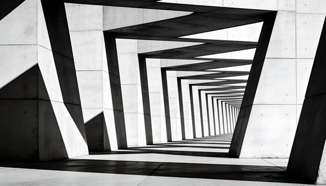 Receding Concrete Frames Creating Geometric Corridor with Triangular Shadows and Bold Lines