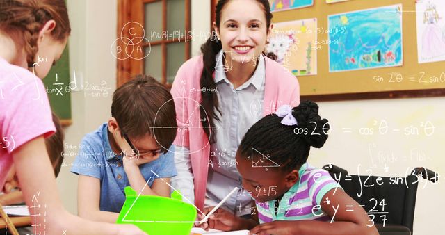 Image of mathematical equations over caucasian female teacher teaching a boy and girl at school. School and education concept