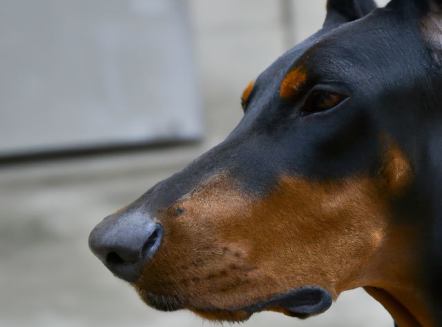 Close-up profile of a Doberman Pinscher capturing its intense and alert expression. This image can be ideal for pet-related advertisements, educational materials about dog breeds, or security-themed projects mentioning guard dogs.