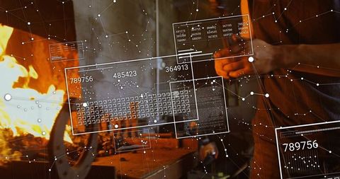 Blacksmith forging metal at hot forge with augmented data holograms and workshop glow