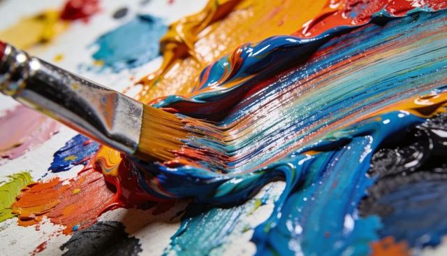 Macro paintbrush dragging thick glossy acrylic paint into vivid swirling textured strokes