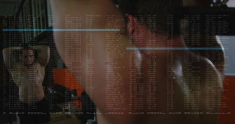 Muscular man turning shoulder toward camera in gym with digital code matrix overlay