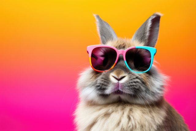 Rabbit wearing sunglasses on orange to pink background, created using generative ai technology. Rabbit, animal, summer and vacation concept digitally generated image.