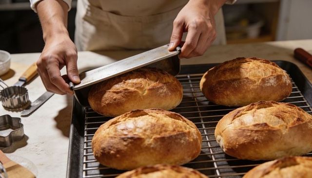 Baker releasing crusty artisan boules from metal loaf pan onto cooling rack