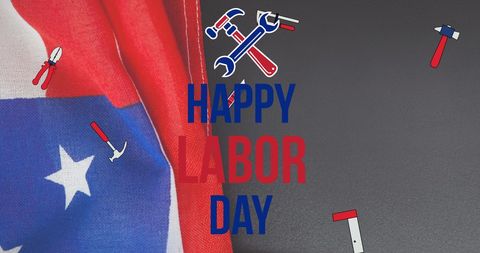 Patriotic labor day greeting with toolbox icons and flag