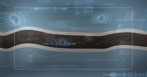Futuristic hud dashboard with wavy data ribbon and digital visualization overlay for ux