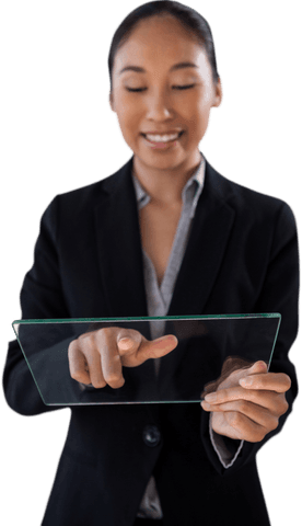 Businesswoman using futuristic transparent glass interface
