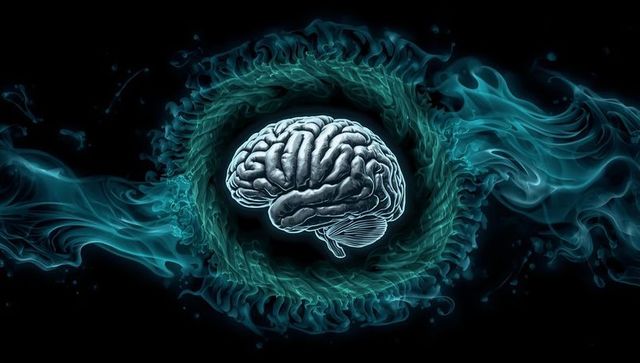 Futuristic rotating brain in surreal vortex