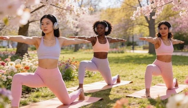 Three women practicing outdoor yoga under cherry blossoms wearing pastel activewear