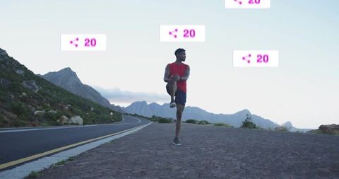 Man Stretching Outdoor by Mountain Road Amid Social Media Concepts