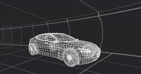 Wireframe sedan model in futuristic tunnel perspective for automotive design visualization