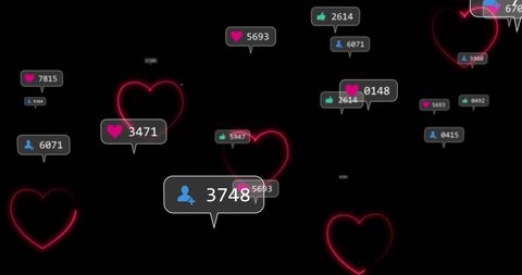 Neon Hearts and Social Media Counts on Dark Background