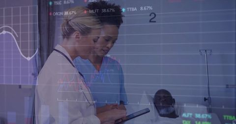 Healthcare Professionals Analyzing Patient Data Amid Financial Graph Overlay
