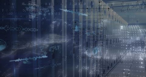 Abstract digital interface overlay on server room with data processing graphics
