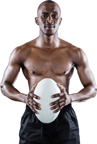 Transparent portrait of shirtless athlete holding rugby ball