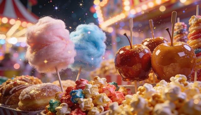 Carnival Candy Stall Featuring Cotton Candy, Caramel Apples and Colorful Popcorn Glowing