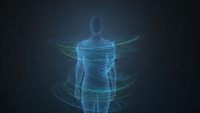 Glowing Holographic Human Avatar Rotating with Spiraling Neon Data Rings and Particles