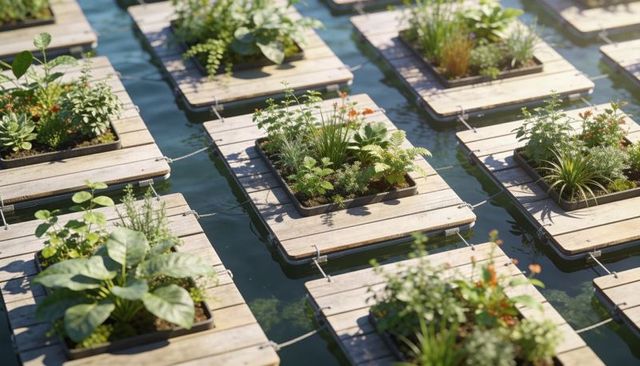 Floating modular garden platforms with planters reflecting on calm water, sunlit grid