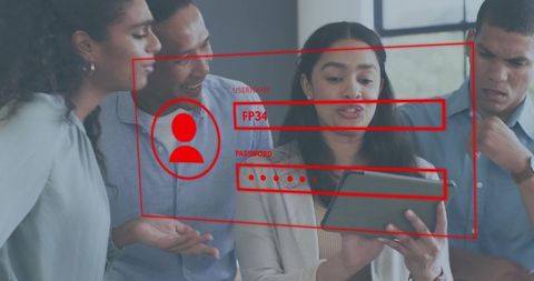 Diverse team collaborating over tablet with red login overlay and cybersecurity interface