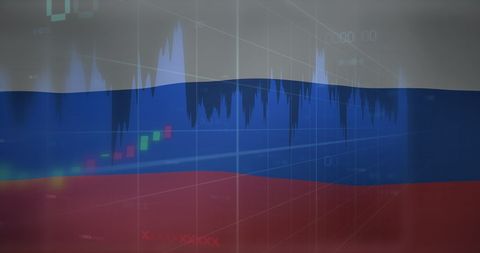 Russian flag overlay on stock market data visualization