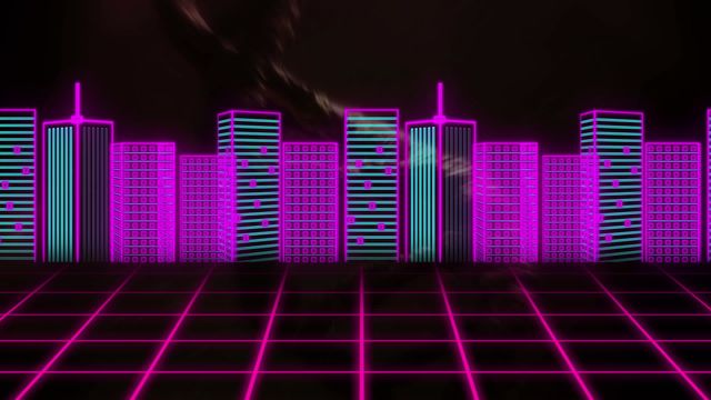 A vibrant illustration featuring a digital cityscape with bright neon outlines against a dark background, reminiscent of 1980s retro futurism. A neon grid seamlessly extends in the foreground, enhancing the nostalgic sci-fi look. Suitable for use in technological presentations, cyberpunk themed designs, digital products, or events requiring an eye-catching, themed backdrop.