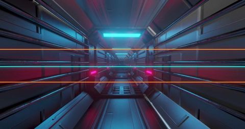 Futuristic Neon-Lit Spaceship Interior Corridor