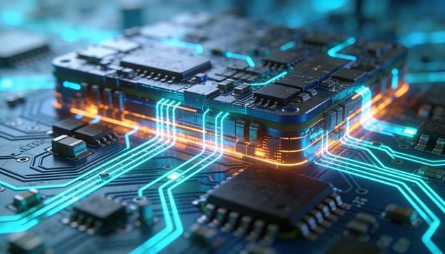 Stacked multi-chip module glowing with neon PCB traces for AI hardware performance