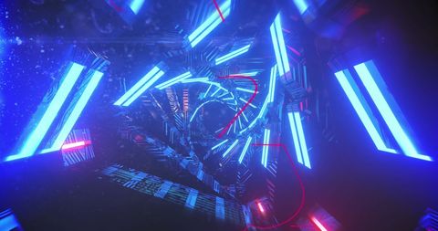 Futuristic neon tunnel with blue and red lights